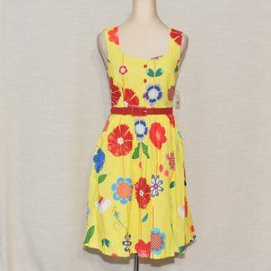 Biking Through Brussels A-Line Cotton Dress |  Yellow Floral with Red Belt